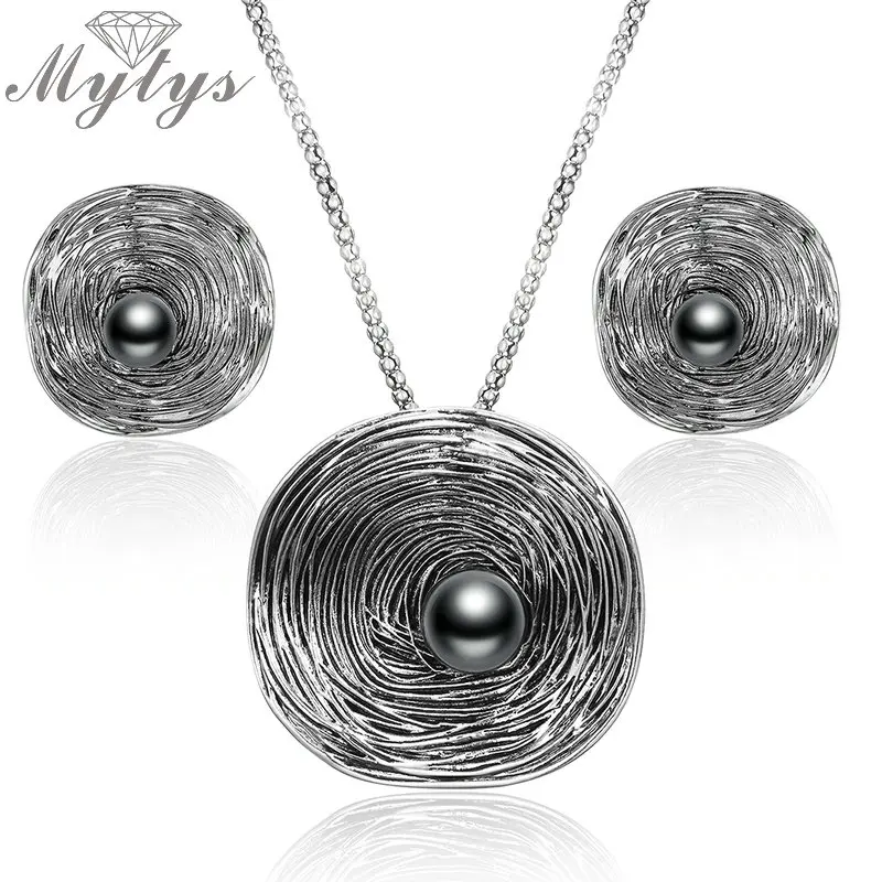 Mytys большой круглый кулон ожерелье черный жемчуг Винтаж Ретро стиль антикварное ожерелье массивные ювелирные изделия высокого качества CN364 - Окраска металла: sets