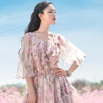 

Summer Women Sweet Cute Bohemia Slim V-Neck Butterfly Sleeve Ruffle Floral Print Casual Loose Chiffon Long Dress