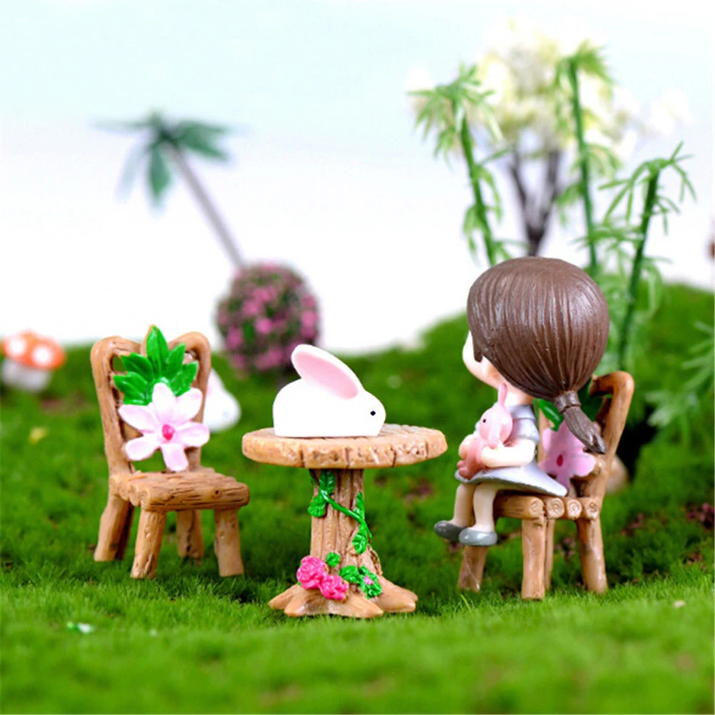 3X Floral Table Chairs Miniature Landscape Fairy Garden Dollhouse Decoration 47 