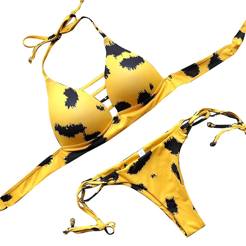 Womail, летний женский сексуальный леопардовый полосатый нейлоновый бикини, пуш-ап, мягкий бандаж, купальник, пляжная одежда, женская одежда для плавания - Цвет: Цвет: желтый