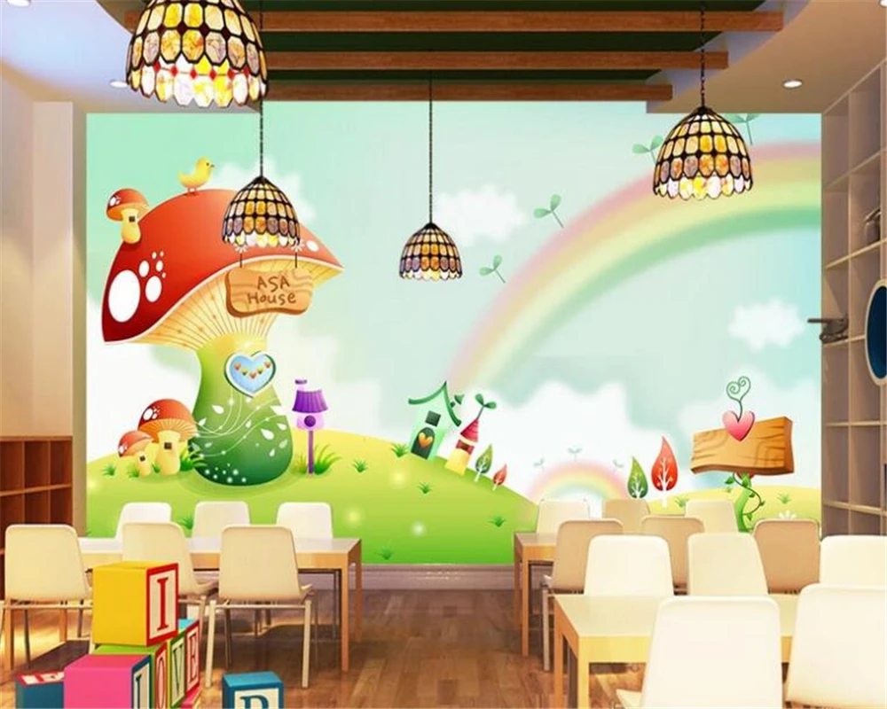 Beibehang Custom wallpaper Dreaming Rainbow Mushroom Nursery Background Cartoon Children's Room Background Mural 3d wallpaper