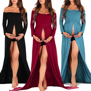 

Maxi Maternity Photography Props Off Shoulder Long Sleeve High Split Pregnancy Dress Maternity Dresses For Photo Shoot Long Gown