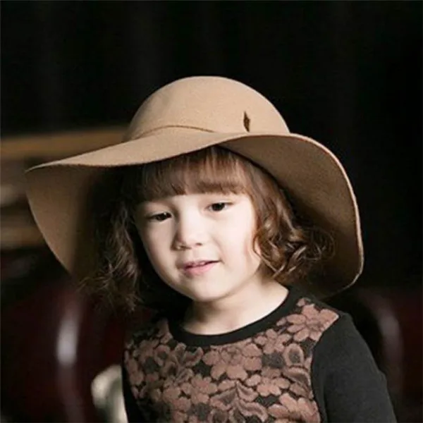 Стиль, мягкая детская шляпа от солнца в винтажном стиле с широкими полями, шерстяная фетровая шляпа-котелок Fedora, широкополая шляпа для девочек, большая шляпа для детей 3-7 лет