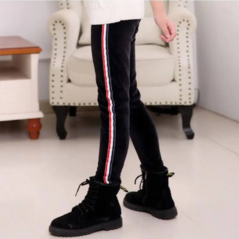 

Winter 3-Layer Plus Velvet Thickening Girls Pants Striped Webbing Kids Leggings Little Girl Sports Trousers Children's Clothing