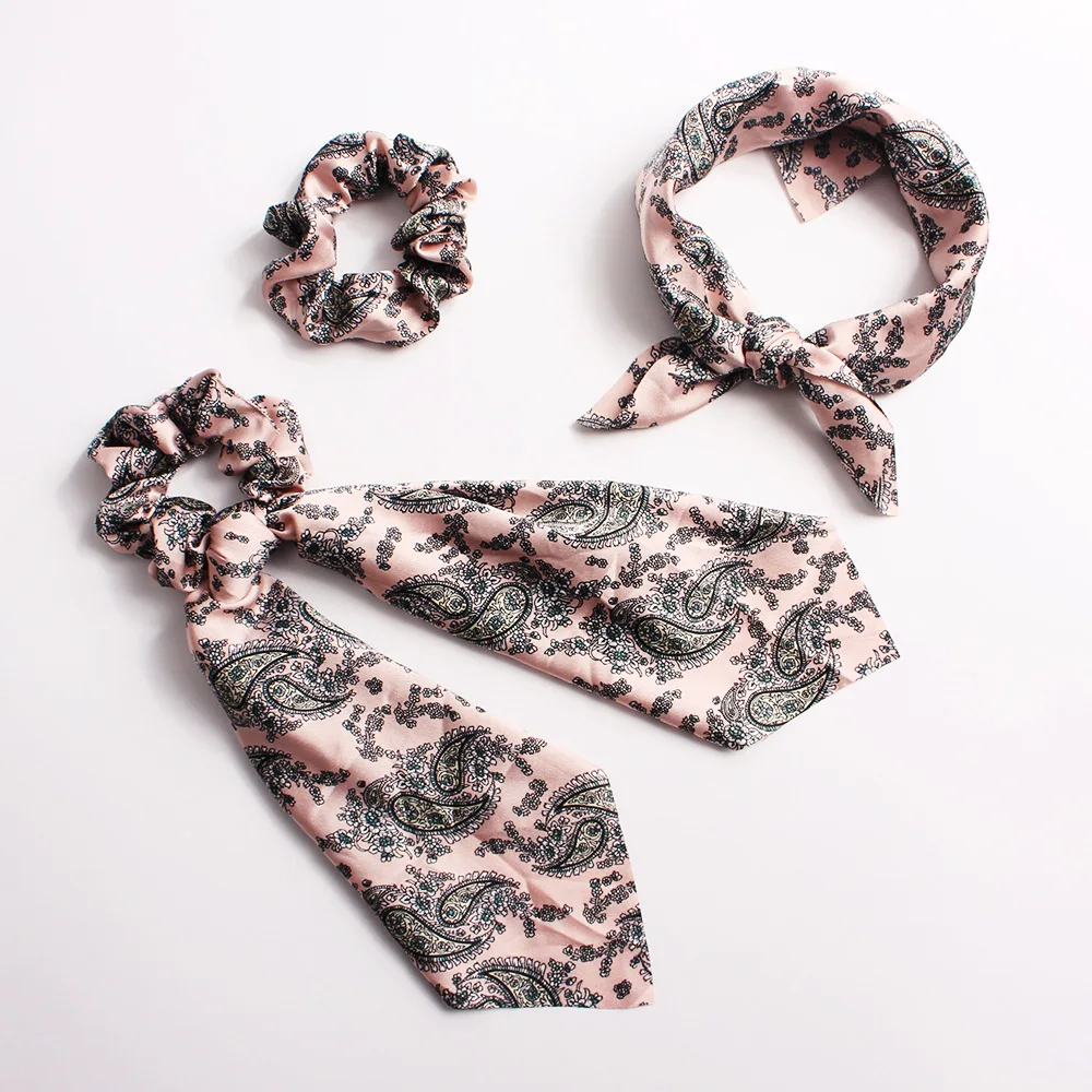 

Vintage Women Floral Print Headwear Turban Streamers Hair Scrunchies Ribbon Hair Ties Horsetail Ties Head Wrap Hair Accessories