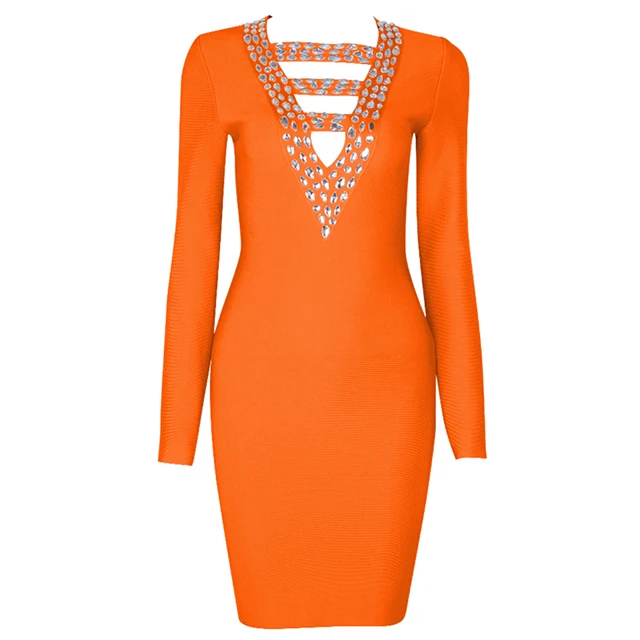 Новое Женское осеннее Бандажное платье с бусинами оранжевое сексуальное рождественское платье с v-образным вырезом и длинными рукавами облегающее платье - Цвет: Оранжевый