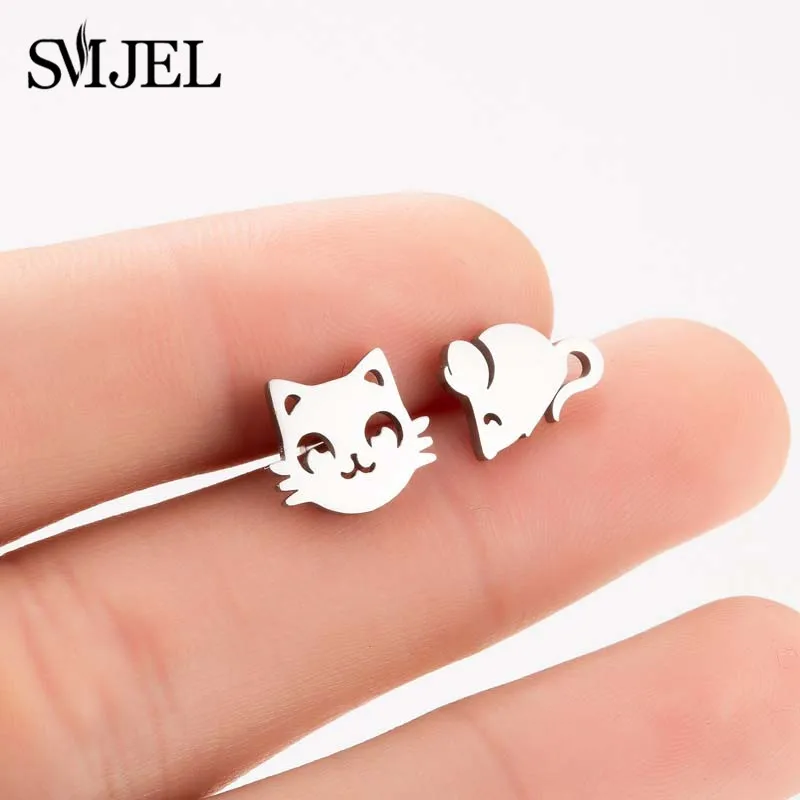 

SMJEL Stainless Steel Mickey Cat Stud Earrings for Women Kids Asymmetric Earring Small Cartoon Animal Ear Jewelry Pendients