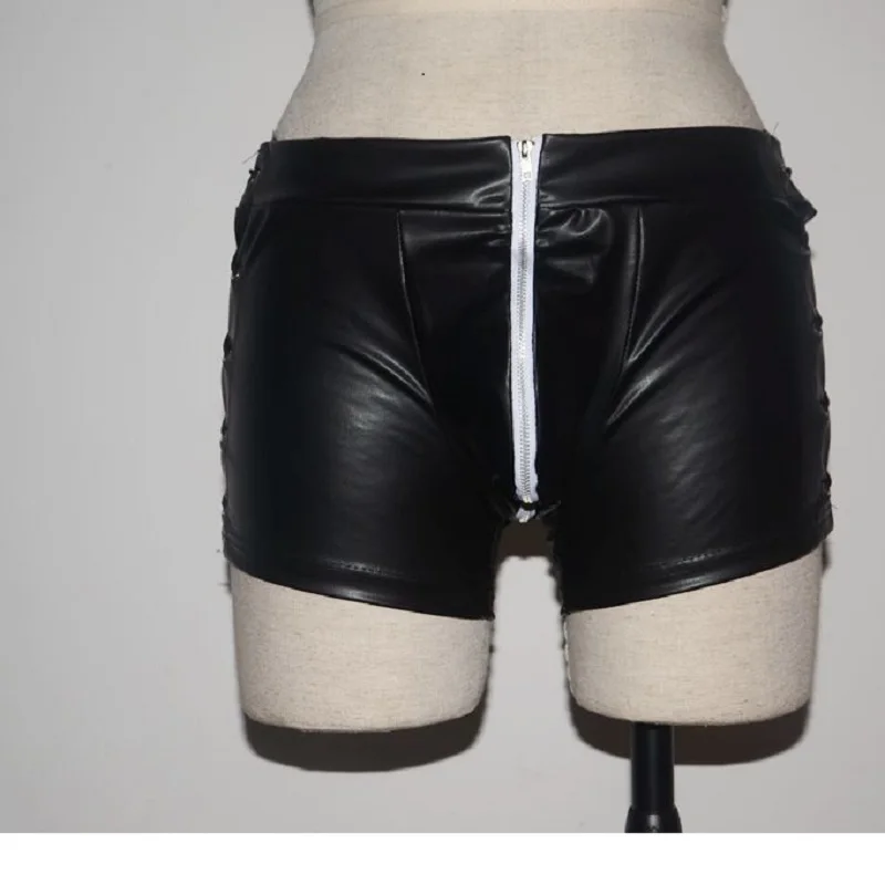 Сексуальные мужские бандажные шорты из искусственной кожи на молнии с открытым U ворсом, Клубная одежда, повседневная комфортная одежда для любителей голеностопа K22