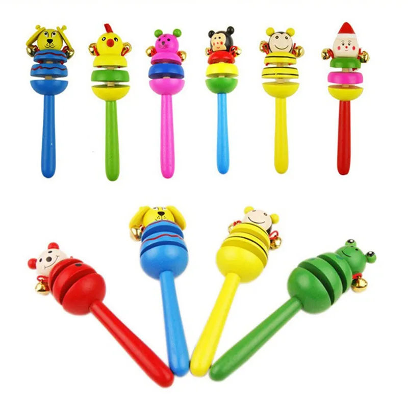 1 PCS Children's Educational Toys Cartoon Baby Shaker Toy Wooden Rattle