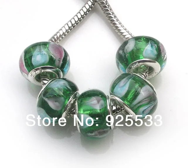 

Free Shipping 50pcs 8x14mm silver plated core Big Hole Murano Glass Beads fit European Jewelry Bracelet Charms DIY--Green Life