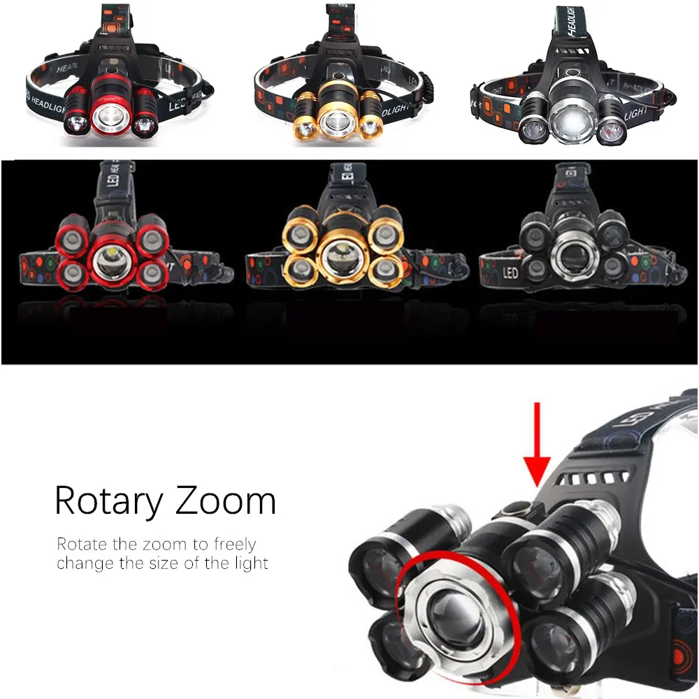 Супер яркие фары T6 R5 светодиодный фонарик налобный фонарь Факел поворотный зум 3/5 светодиодный 4 режима 18650 Перезаряжаемые Открытый Глава свет