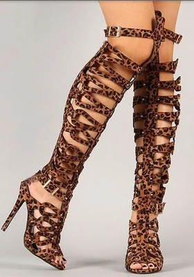 Уличная мода в европейском стиле; женские сандалии-гладиаторы выше колена с ремешками на высоком каблуке; уникальная летняя обувь; 8 цветов; американские размеры 5-12 - Цвет: leopard