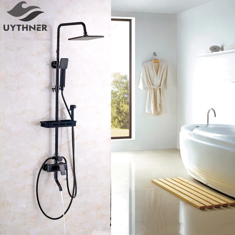 

Uythner Newly Four Blocks Mixer Tap 8" ABS Round Shower Head+ABS Handspray+Shower Baskets Racks+Bidet Oil Rubbed Bronze Finish