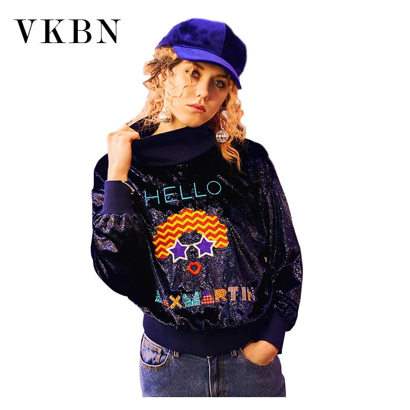 VKBN 2018 Autumn Clothing Fashion Embroidery Section Sweatshirts Women Tide Long Sleeve Pullover Half High Lead Easy Coat Woman Hoodies