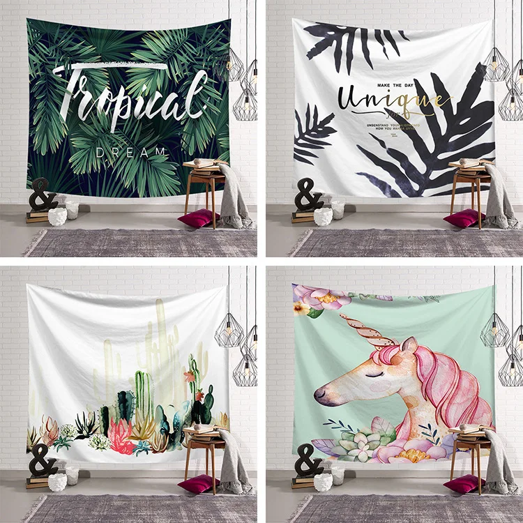 

Hanging Art Wall Green Plants Unicorn Tapestry Sanding Cashmere Beach Cloth 100% Polyester Printed Woven Cartoon Wall Fabric