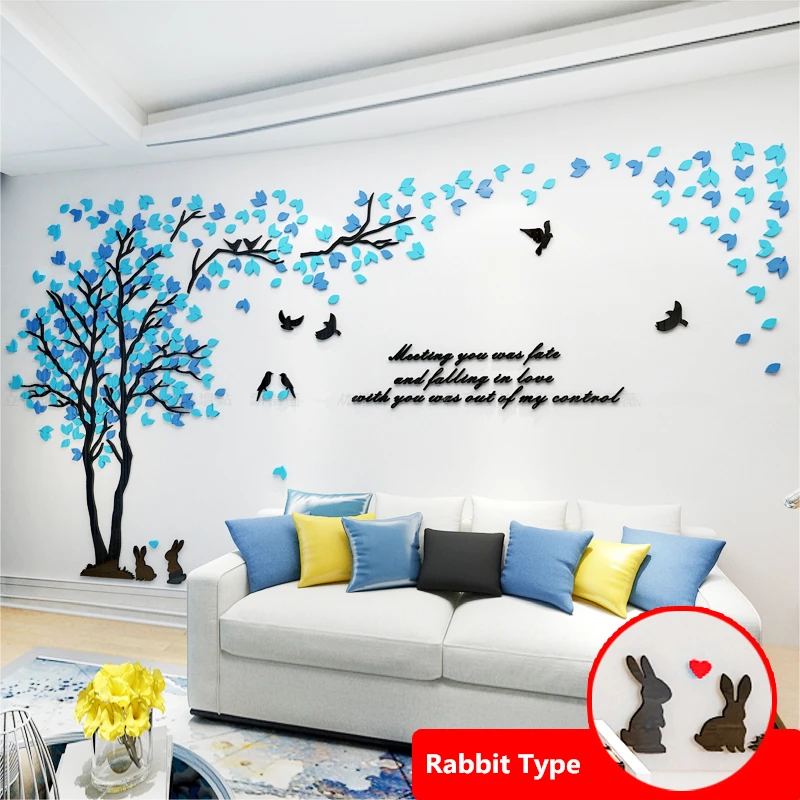 Comprar Pegatina pared amor árbol 3D con adhesivos de conejito pájaro para pared decoración de sala de estar pegatinas de pared acrílicas papel tapiz de fondo de TV