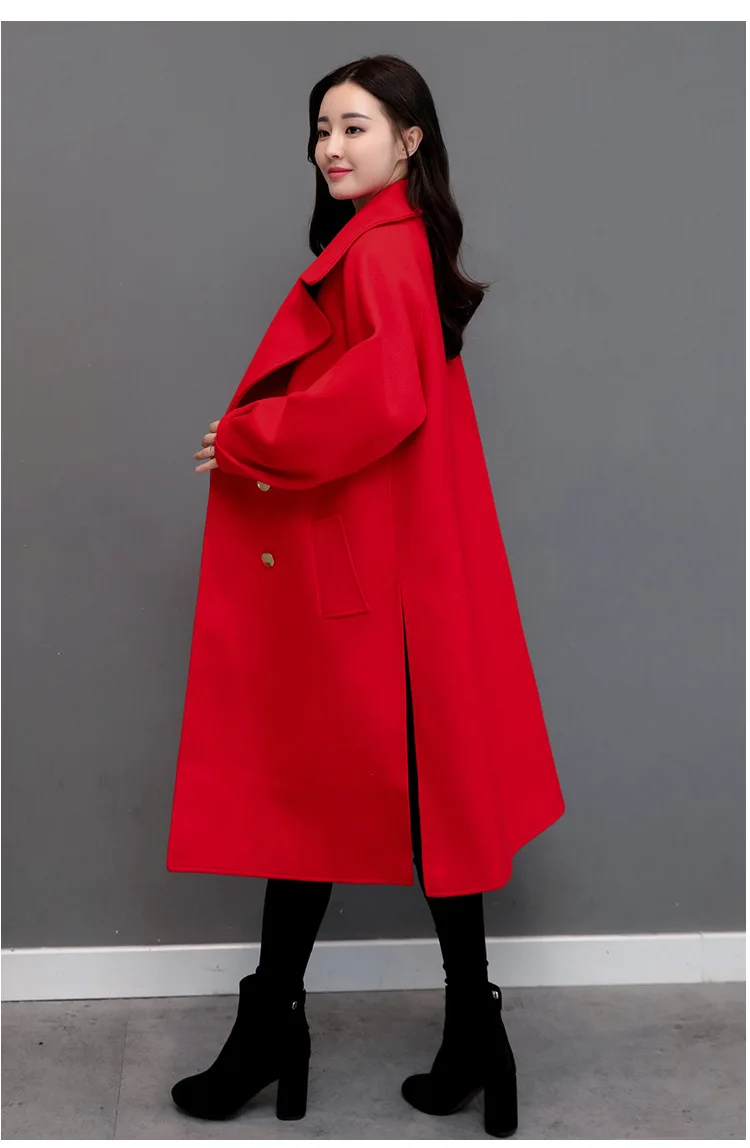 Повседневное длинное женское Шерстяное Пальто с широкой талией, одноцветное двубортное зимнее пальто с карманами и отложным воротником, кашемировое пальто