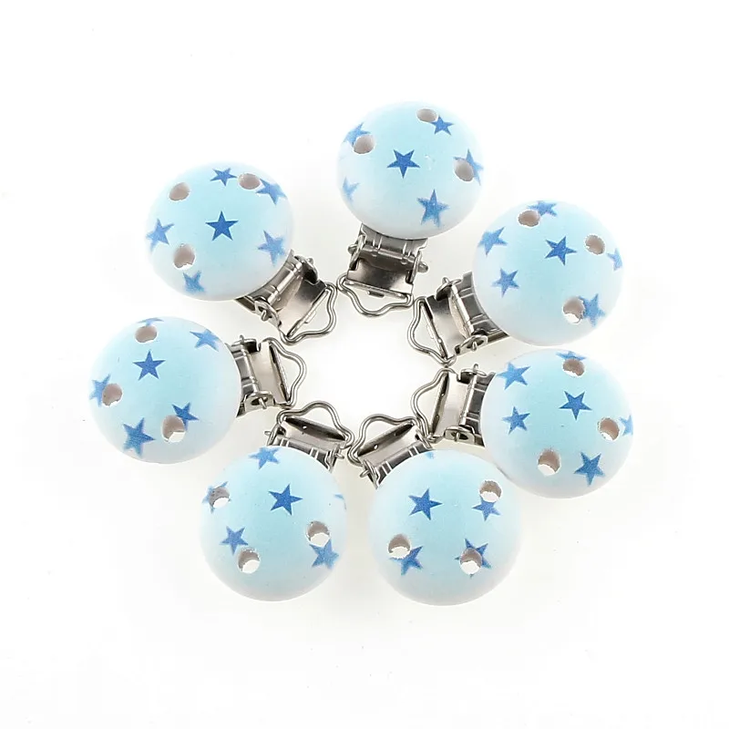 

Handmade 5pcs/lot Wooden Child Nipple Funny Pacifier Blue Star Pattern Baby Pacifier Clips Holders Pacifier Clasps