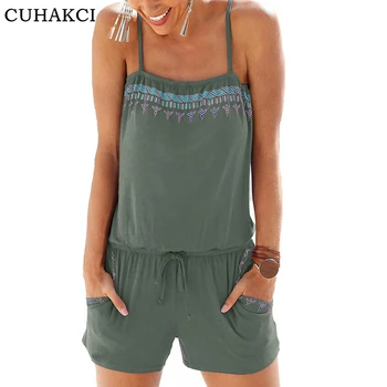 

CUHAKCI Summer Women Casual Short Jumpsuits Holiday Cotton Print Rompers Sexy Sleeveless Overalls Beach Wear Playsuit S-XXL