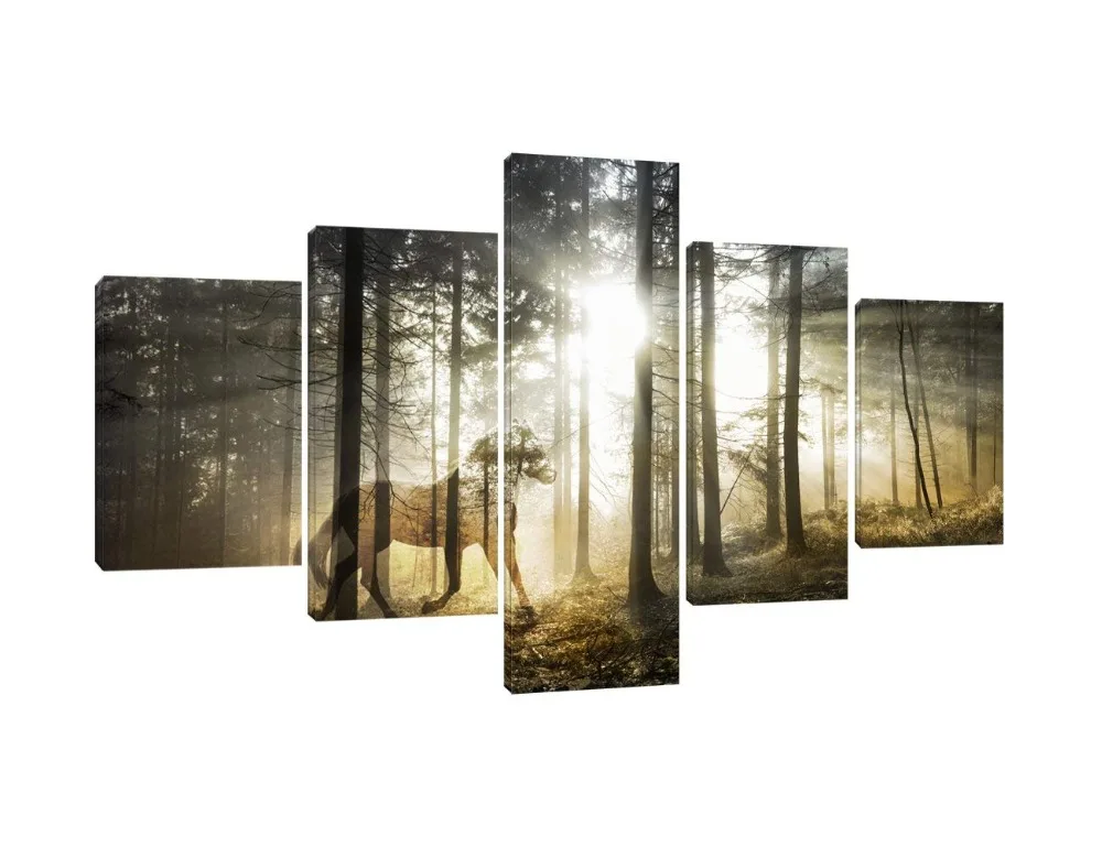 Yatsen Bridge Double Exposure Print Artwork Wall Art Decor for Homes 5 Panel Canvas Artistic Mystical Horse Fantasy Forest Picture Painting Modern Poster Decor for Indoor Ready to Hang(70''W x 40''H)