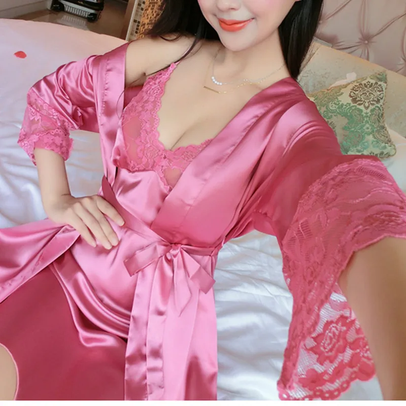 Женское сексуальное кружевное шелковое атласное кимоно, халат, ночная рубашка, наборы халатов с длинным рукавом, нижнее белье, пижамы, одежда для сна, женская ночная одежда - Цвет: hot pink