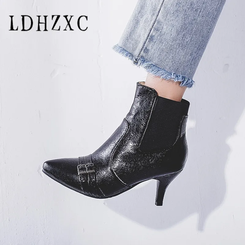 

LDHZXC 2019 Women Ankle Boots Lace Up Pointed Toe Pu Leather Thin High Heel All Match Women Fashion Ankle Boots Size 34-48