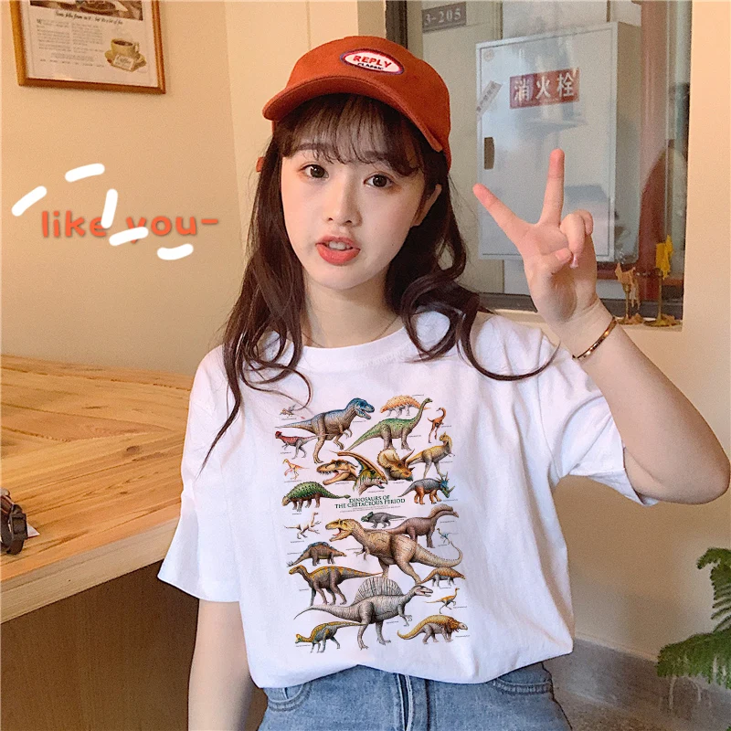 

Summer new female dinosaur letter print cartoon large size short sleeve fun Harajuku hip hop tops Ulzzang spoof tees shirt