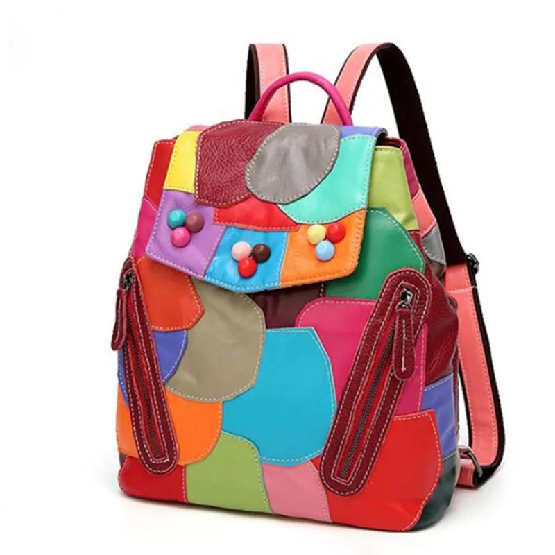 

Women Genuine Leather Backpack Female Leather Sheepskin Vintage Ladies Shoulder School Bags Colorful Random Patchwork
