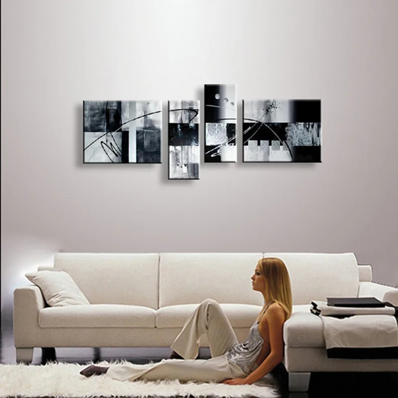 

4 Panel Pictures Modern Home Decor Wall Art Hand Painted Abstract Oil Painting On Canvas Graffiti Line Black & White Paintings