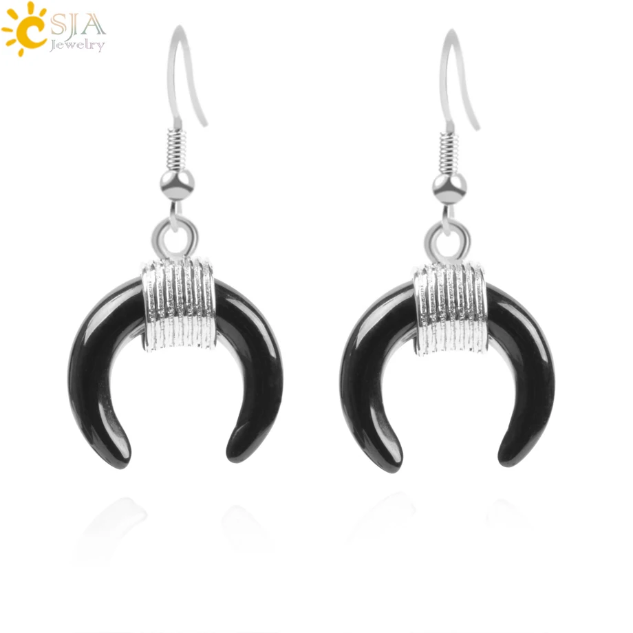 

CSJA Bohemian Silver Color Crescent Half Moon Dangle Earrings for Women Natural Gem Stone Purple Crystal Quartz Lazuli Opal F115