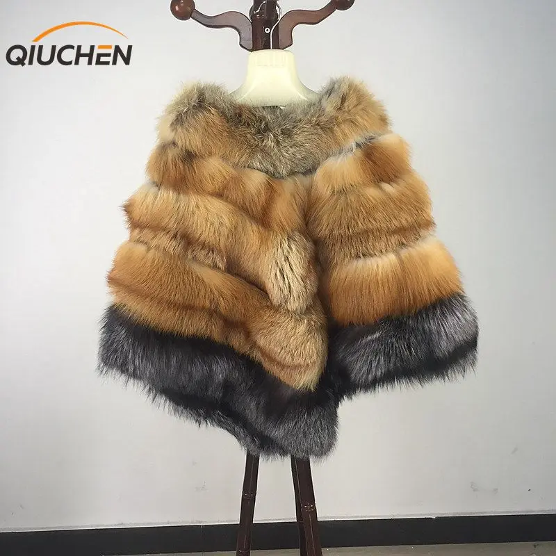 QIUCHEN PJ8068 Бесплатная доставка 2018 новое Настоящее пончо с мехом лисы натуральная