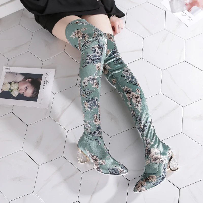 Ins hot Women boots big size 22-27cm Autumn and winter Fashion Silk jacquard flower stretch fabric women's boots over the knee