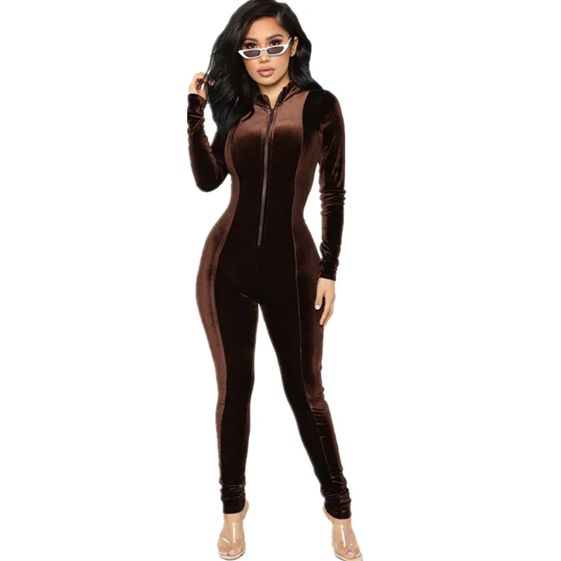 2018 Autumn Korea Velvet Jumpsuit for Women Fashion Front Zipper