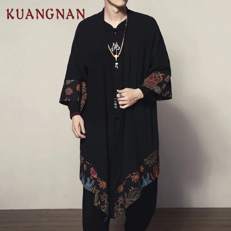 

KUANGNAN Chinese Style Men Shirt Blouse Kimono Robe Male Black Shirt Men Kimono Long Mens Kimono Shirt Fashions 2019 New