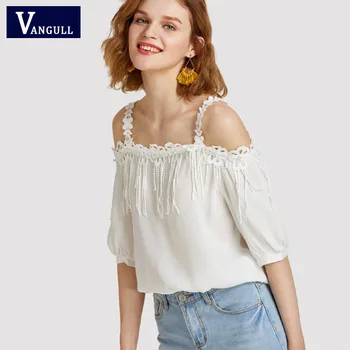 

Vangull Women Strap Tops Sweet Off Shoulder Blouse Shirt 2019 Women Sleeveless Flower Embroidered Blouse Summer Lace Top Tees