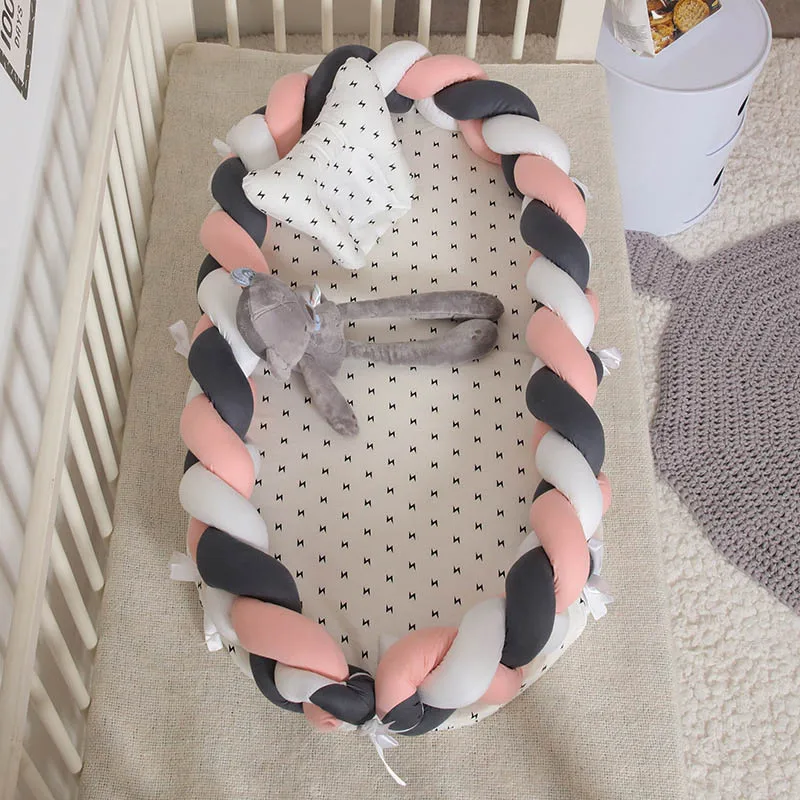 Переносная детская вязаная кроватка с подушкой для новорожденного, спальное гнездо, детская кровать, дорожная люлька, бампер, Съемный и моющийся, 0-24 месяца - Цвет: 3