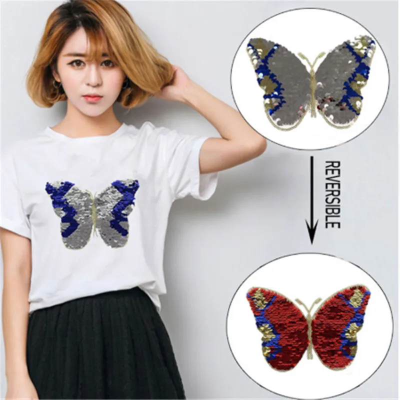 

Red Butterfly Reversible Change color to Silver Shiny Sequins Sew On Patches for clothes appliqued what you like