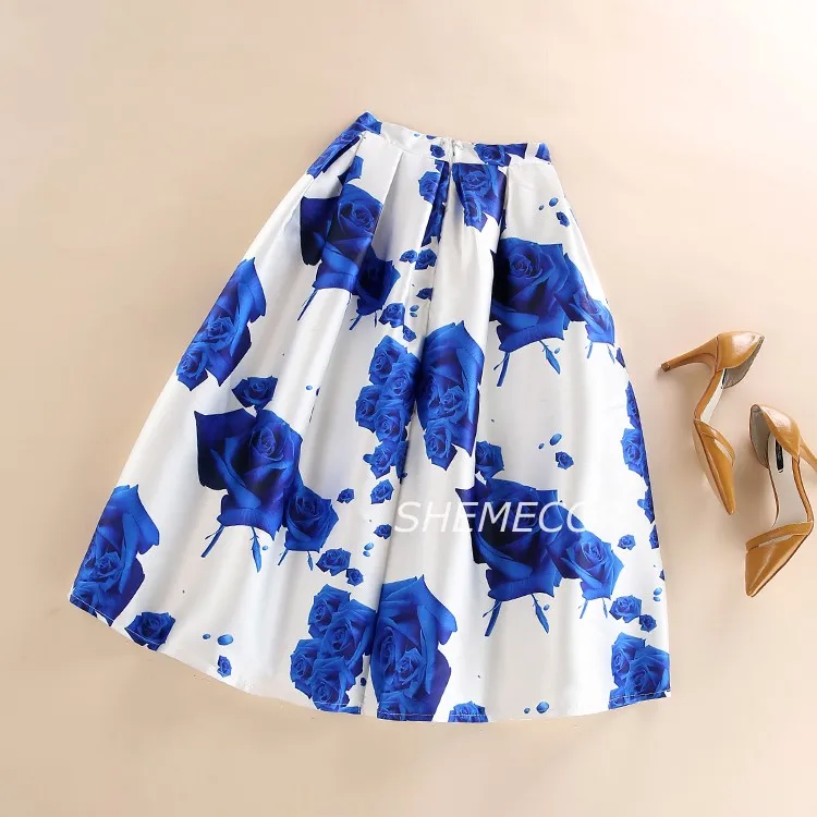 SHEMECOR Осенняя Женская винтажная Ретро синяя Роза с цветочным принтом плиссированная юбка миди с высокой талией Falda Primavera