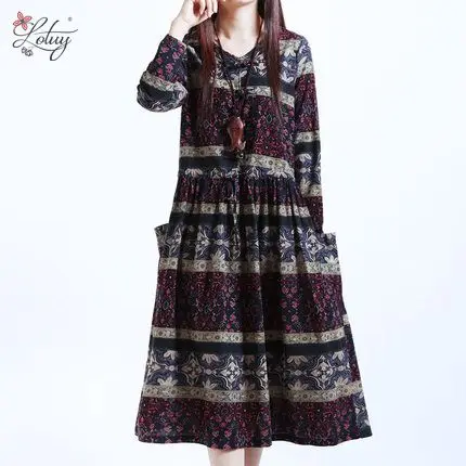 

2017 Autumn New Arrival Women Fashion Retro Long-sleeved V-neck Cotton and Linen Printed Dress Vintage Dress Vestidos 8635#