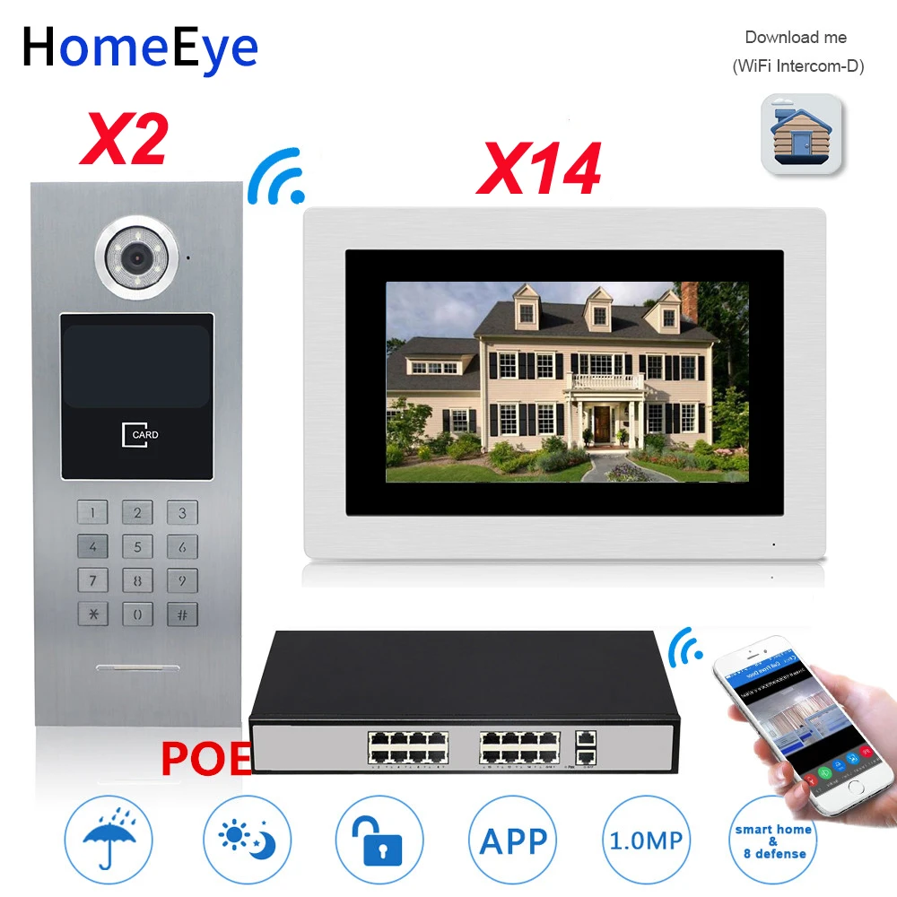 720 P WiFi ip-видео дверной телефон видео 2 двери + 14 Householder домашняя система контроля доступа Пароль/RFID карта POE коммутатор iOS Android