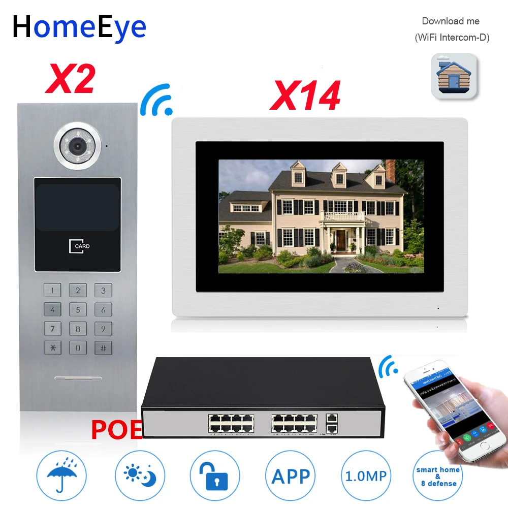 Видеодомофон 720P Wi Fi IP 2 двери + 14 домофонов система контроля доступа к дому
