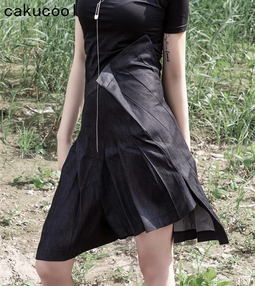 

Cakucool Women Solid Black Mini Skirt Casual Asymmetric Pleats Cotton Denim Skirt Brief Design Chic Gothic Women Black Skirts
