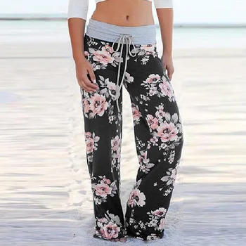 

Floral Print Wide Leg Pants Women Summer 2019 High Waist Harem Pants Elastic Casual Loose Drawstring Long Trousers Plus Size 3XL