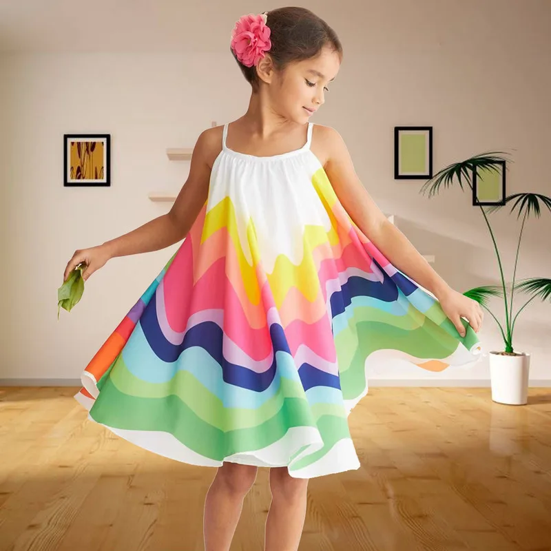 

2 3 4 5 6 Year Girls Dress Summer Rainbow Color Printed Kids Dresses for Girls Sling Sleeveless Children Princess Clothing