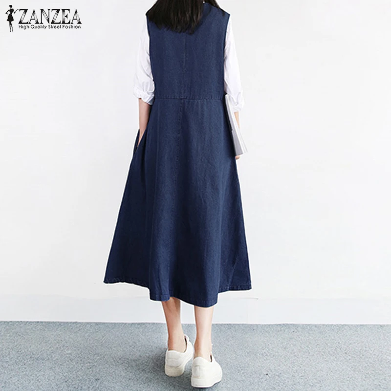 Women's Jeans Sundress 2019 ZANZEA Female Denim Blue Summer Overalls Dress Female V Neck Sleeveless Midi Vestidos Robe Femme 5XL