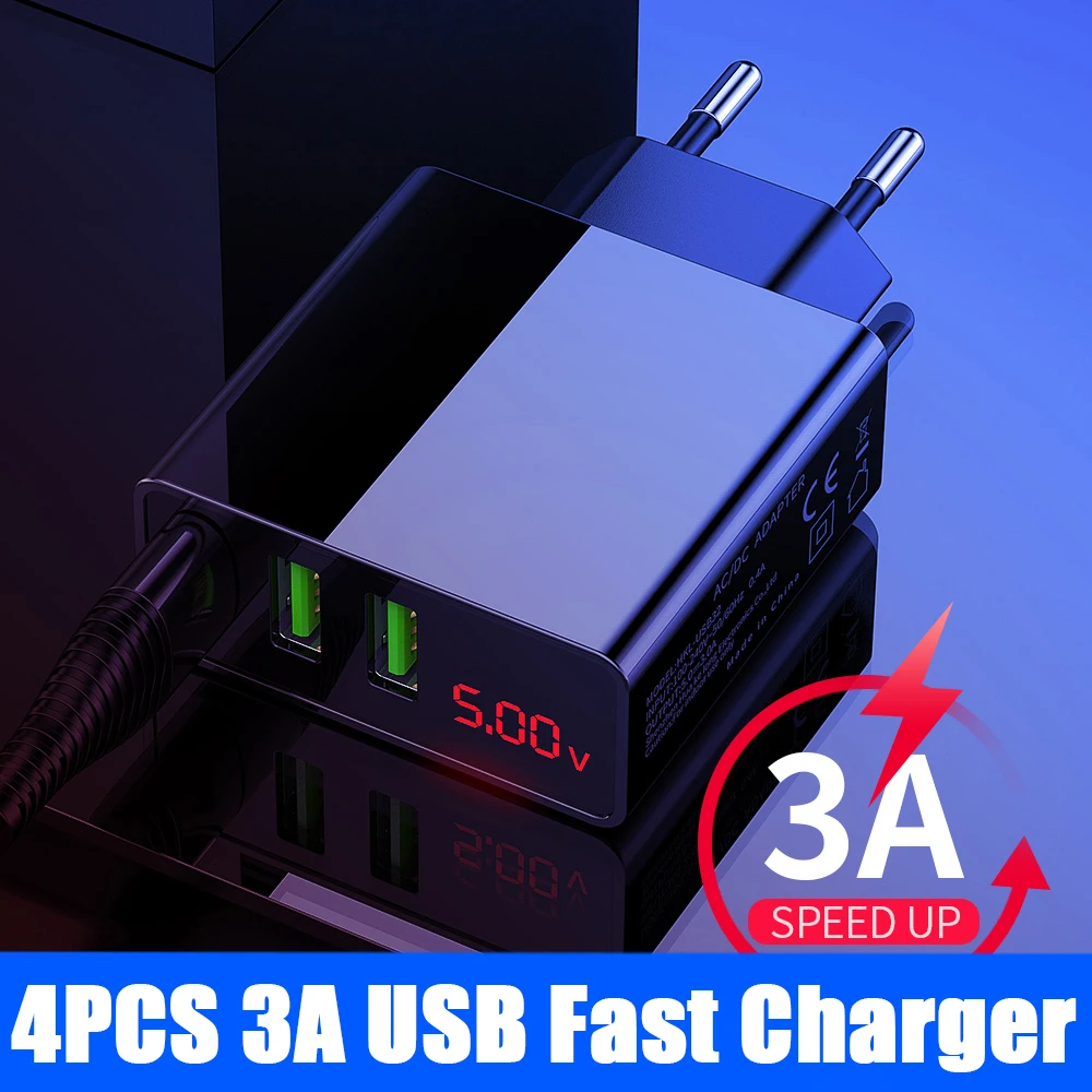 

4PCS 3 USB Ports LED Display USB Charger 3A Fast Charger for iPhone Samsung Xiaomi EU Travel Wall Charger for Phone Adapter