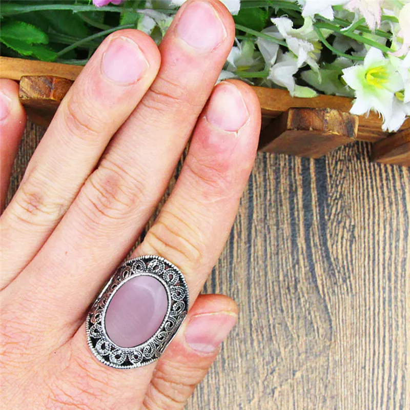 5 Colors Oval Opal Rings For Women Classic Flower Design Antique Silver Plated Rings Fashion Jewelry TR680