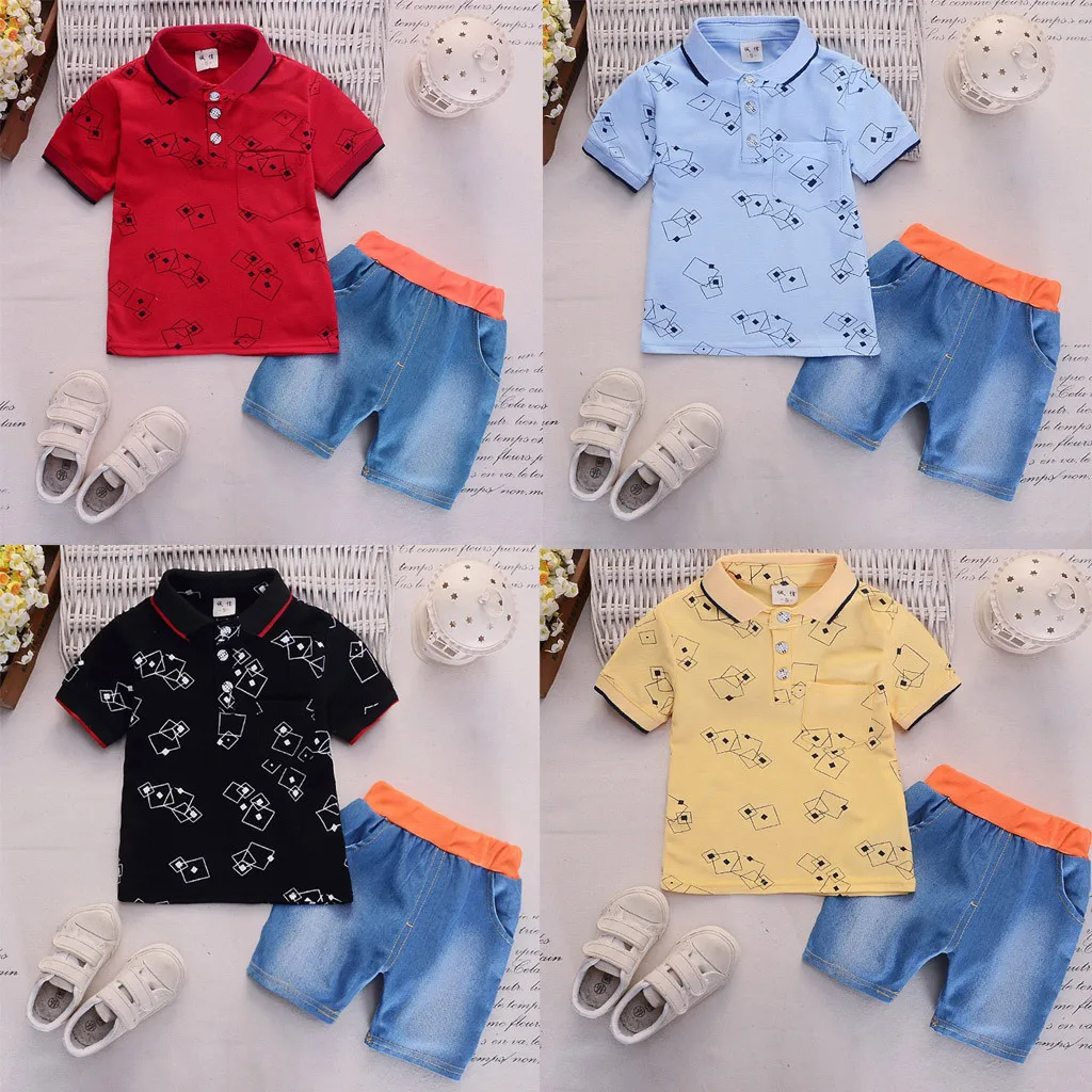 

MUQGEW vest suit for boys Infant Baby Girl Gentleman Geometric Shirt Print Denim Shorts 2PC Set Outfits topolino baju anak #y2