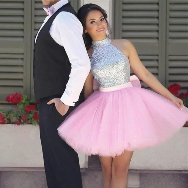 Charming Pink Short Prom Dresses Halter Sequined Junior Girl Formal Homecoming Dress Cheap Real Photo Robe De Soiree 2019