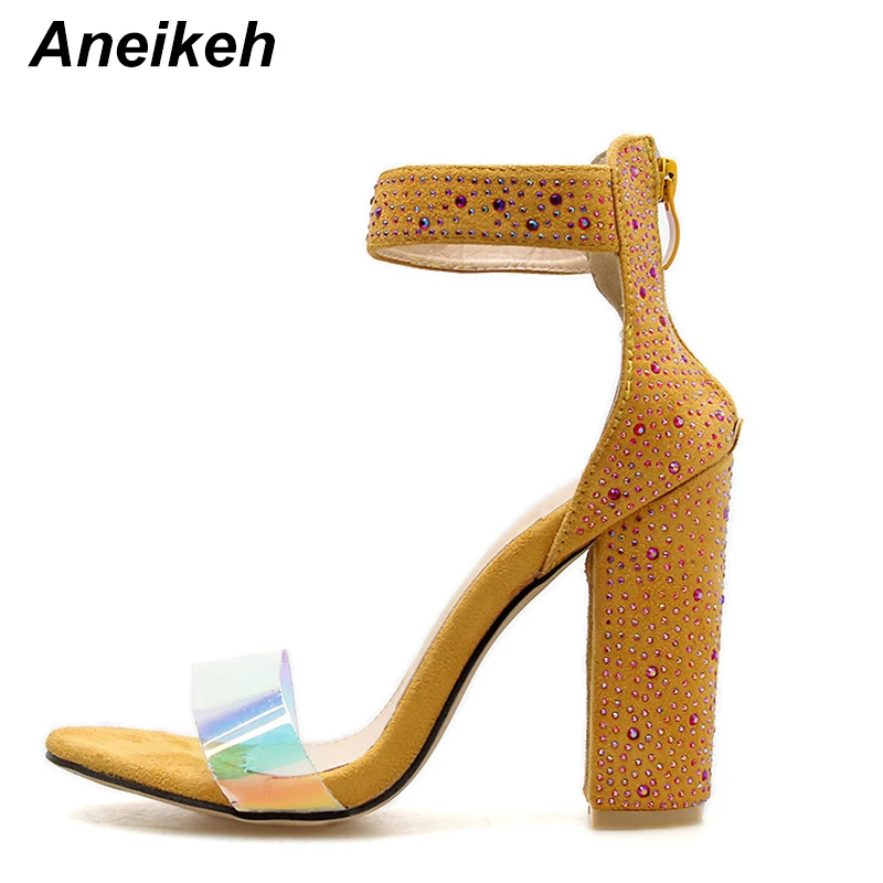 Aneikeh 2019 جديد الصيف صنادل سيدات أزياء مثير إبزيم حجر الراين الأسماك الفم مفتوحة اصبع القدم سستة مربع مع صنادل عالية الكعب